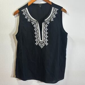Talbots Petites 14P Black Sleeveless Embroidered Split Neck Boho Top Linen Blend
